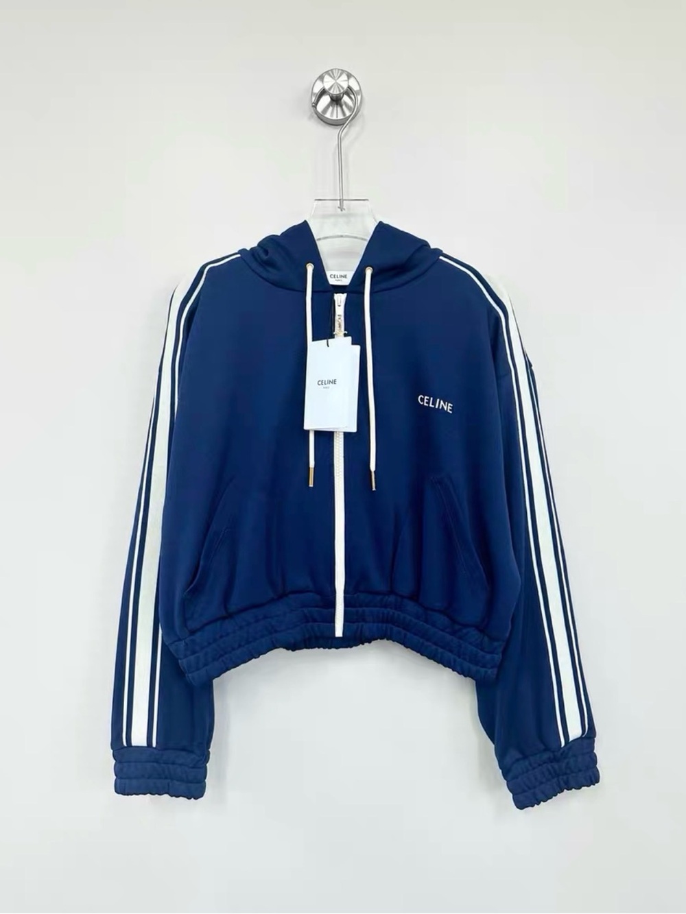 Celine Navy Blue Hooded Puffer Jacket with White Stripes